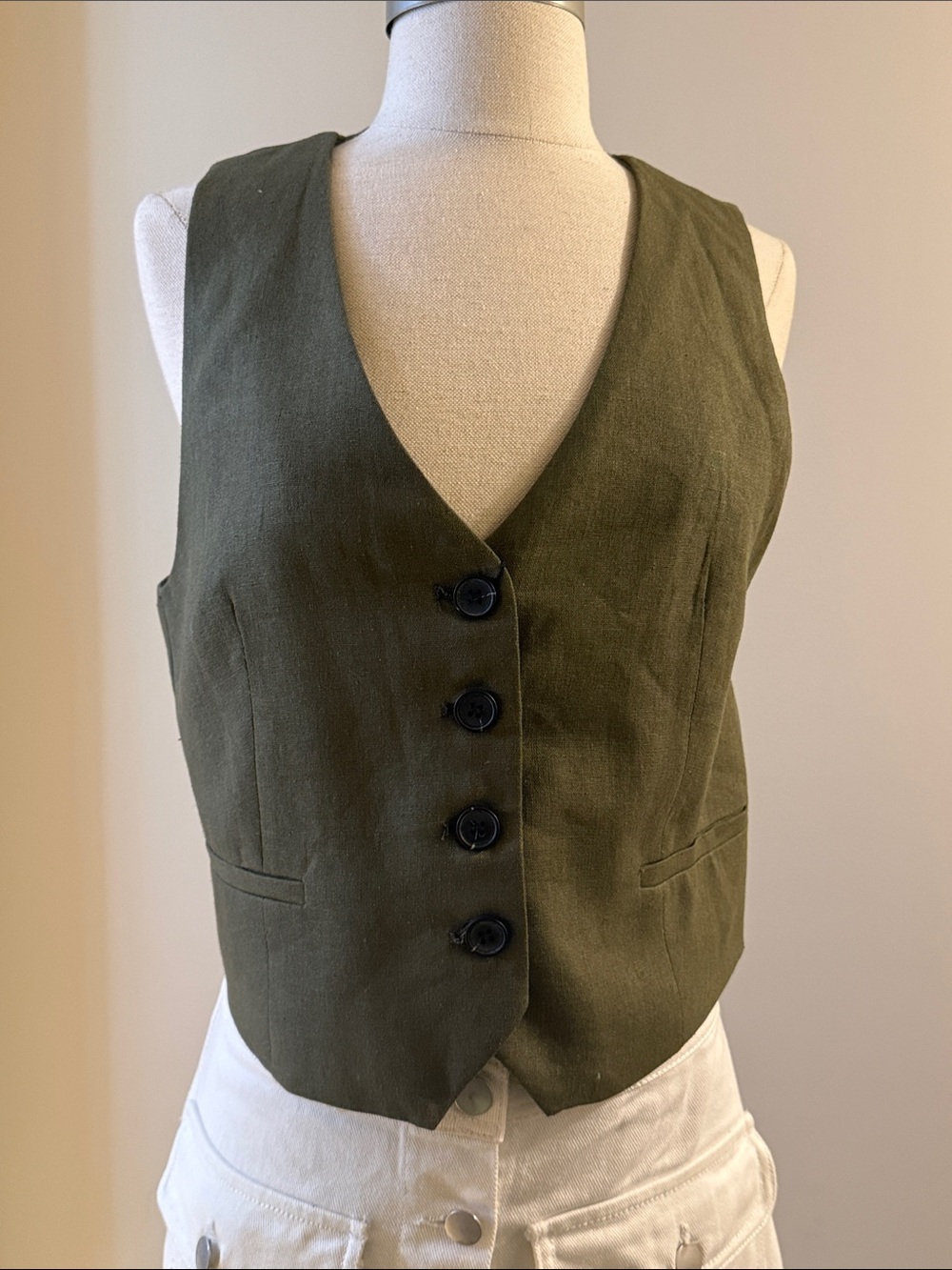 Zara Olive Green Tailored Button Vest